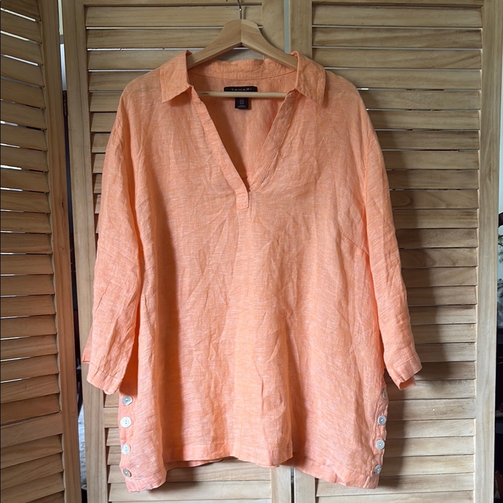 Soft Orange Linen Tunic with Button Accents 3/4 sleeves